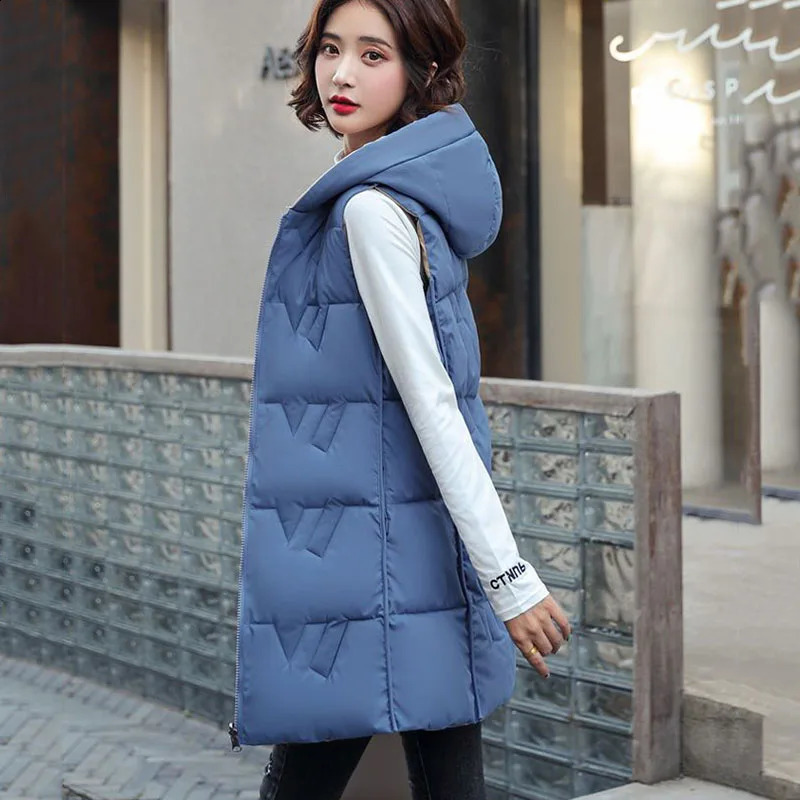 Womens Long Hooded Cotton Vest Padded Waistcoat Doublesided Down Warm Female Autumn Winter 251027