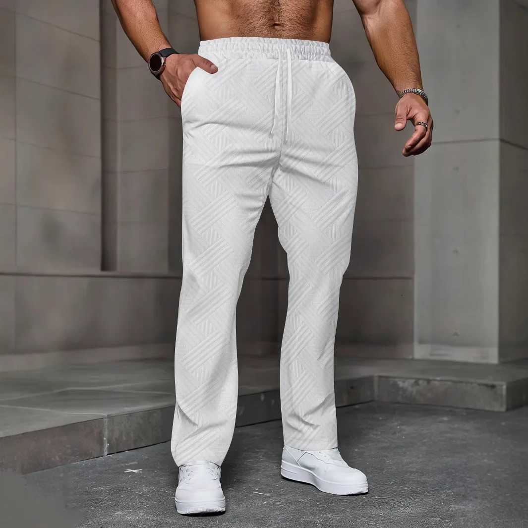 Mens sporty casual trousers fashionable jacquard elastic waist street pants solidcolor loose allseason pants W251028