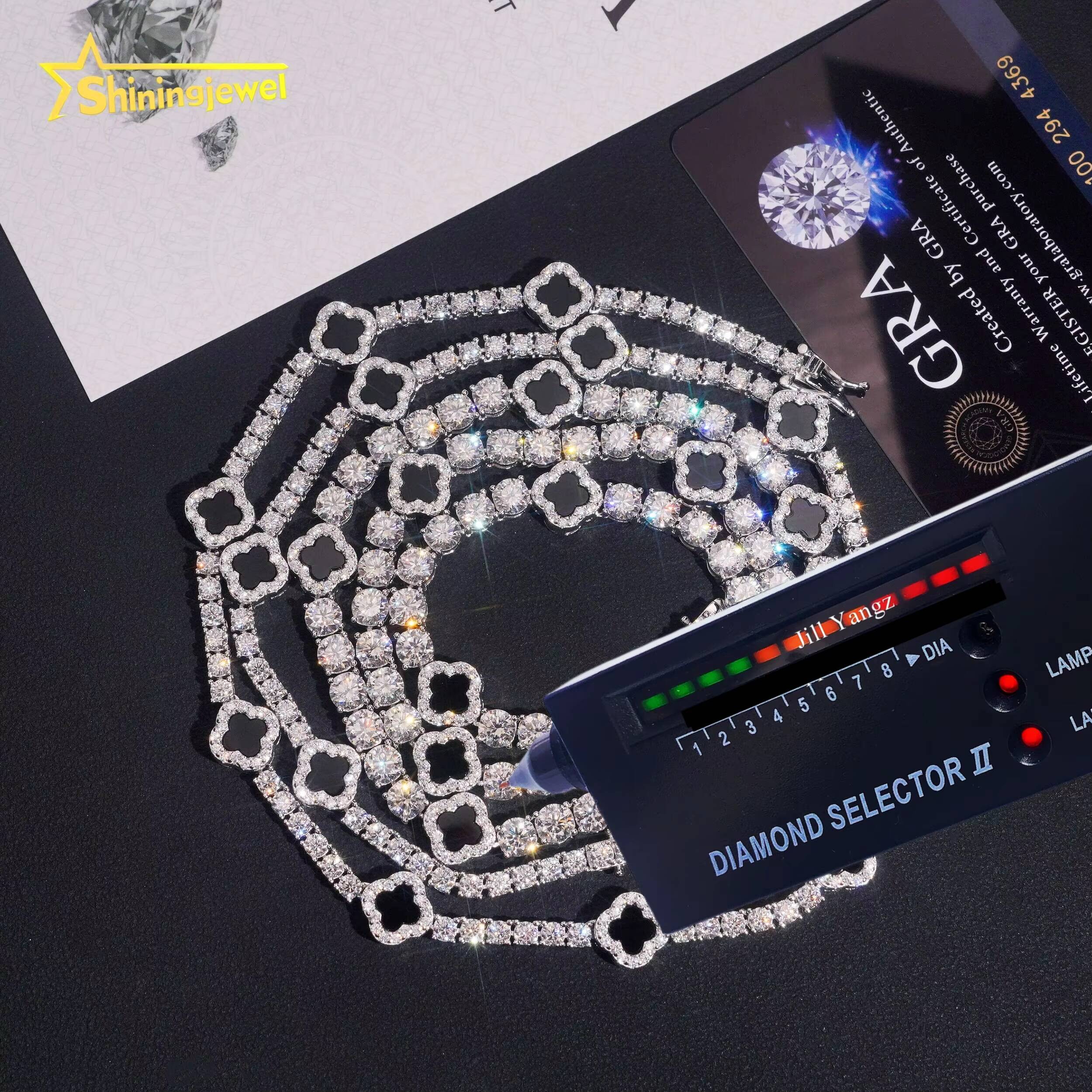 Ready Stocks 3mm 5mm Black Agate Clover Moissanite Tennis Necklace Bracelet Tennis Chain Moissanite 925 Solid Silver