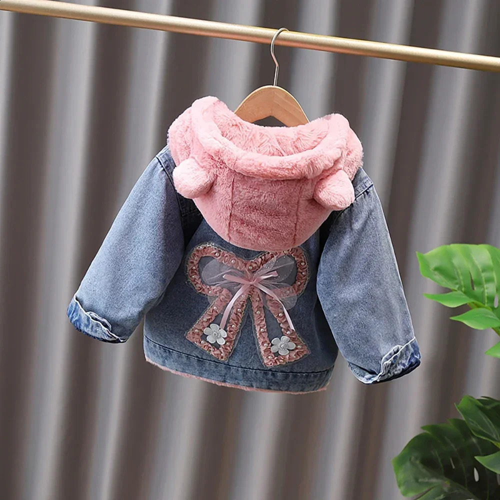 28 YThick Warm Kids Girls Denim Coat Velvet Fur Hooded Jackets Floral Bow n Outerwear 2025 Winter Children Overcoat 251027