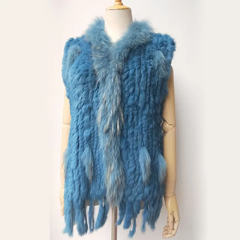 Natural Real Rabbit Fur Knitted Vest With Tassel Genuine Fur Warm Sleeveless Women Fur Gilet With Real Raccoon Fur Trimming 251027
