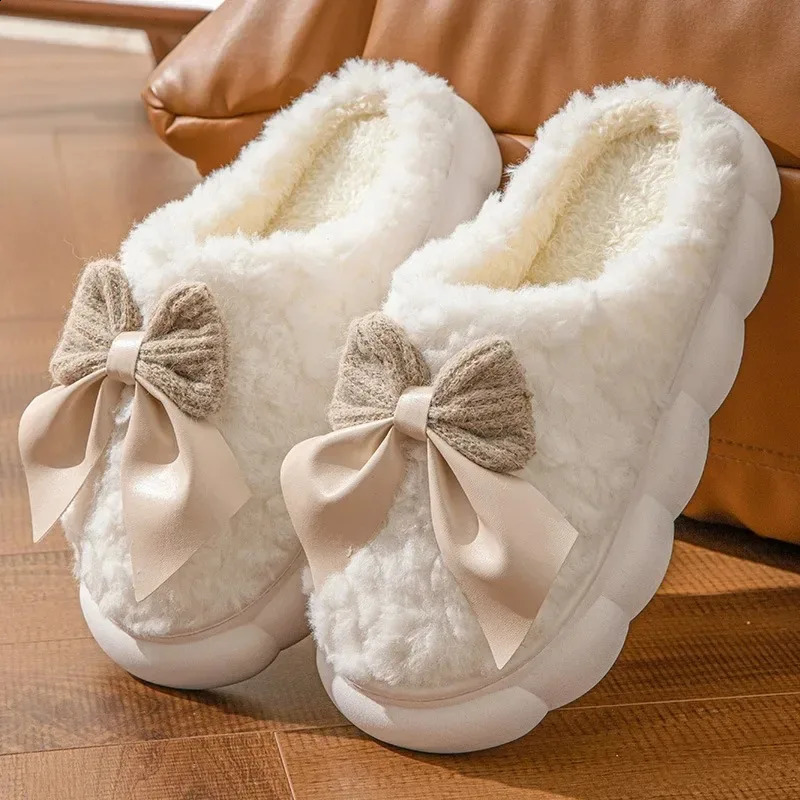 Cotton slippers for Women Autumn and Winter Thick Sole Indoor Home Warm Couples Shoes Bow NonSlip Flat Platform Womens Slipper 251023