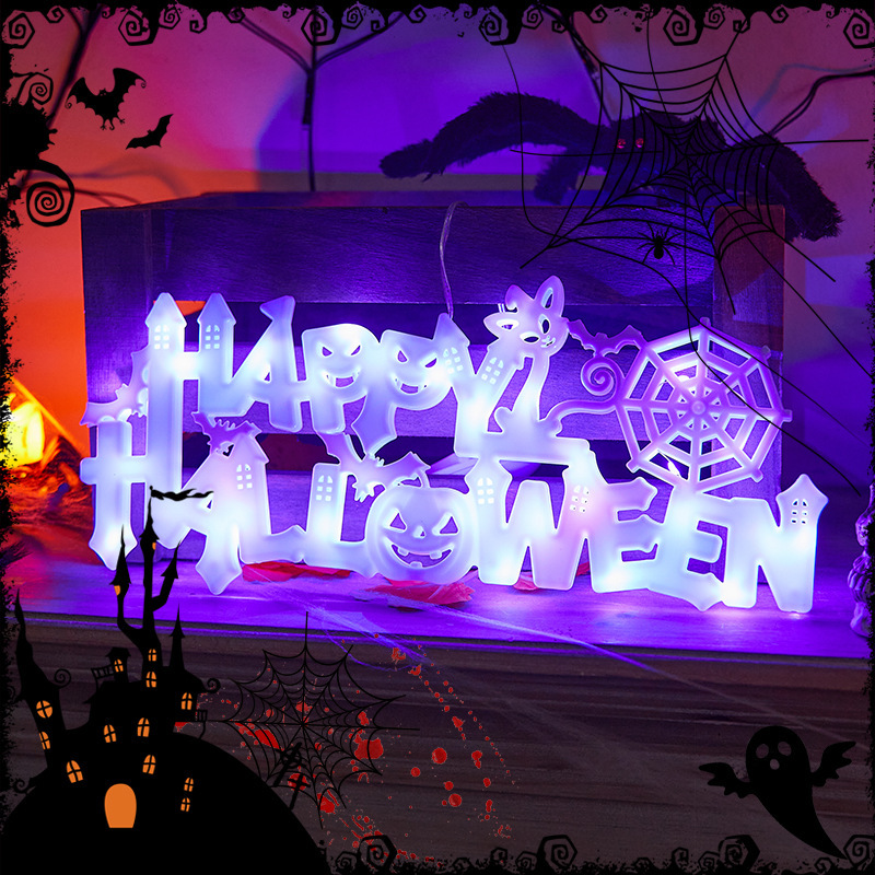 Halloween 'Happy Halloween' LED Lights - PVC Materials, Warm & Purple Tones, Flash/Steady Mode Options167---072002