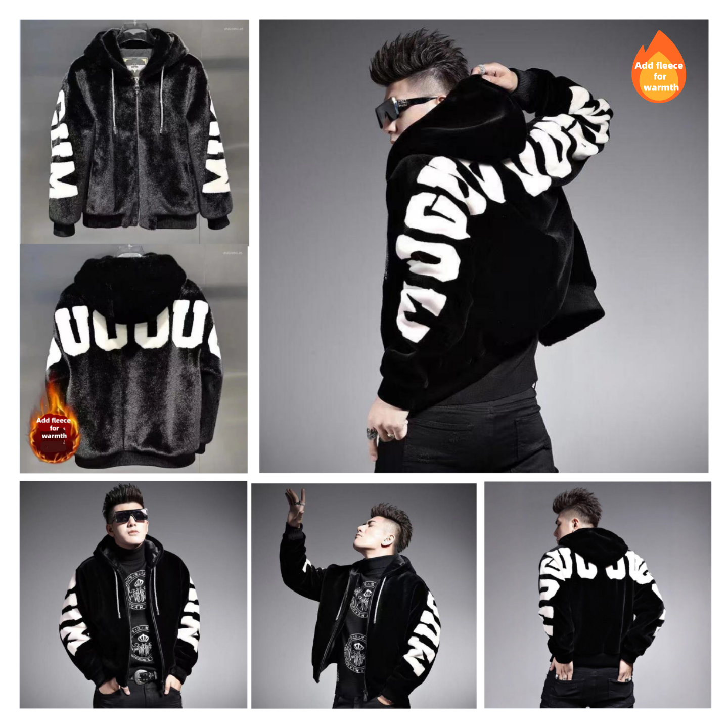 Men's Jackets Winter Fashion Trend Printed And Plush Thick Warmth Black With Fleece Luxurious Design Hooded Jacket For Casual Loose Sports Windpr