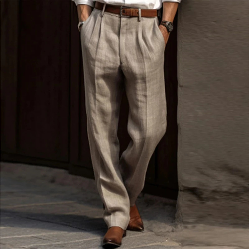 Cotton Linen Pants Men Business Casual Fashion Thin Suit Trouser Autumn Vintage Mens Solid Color Pleated Design Waist 251027