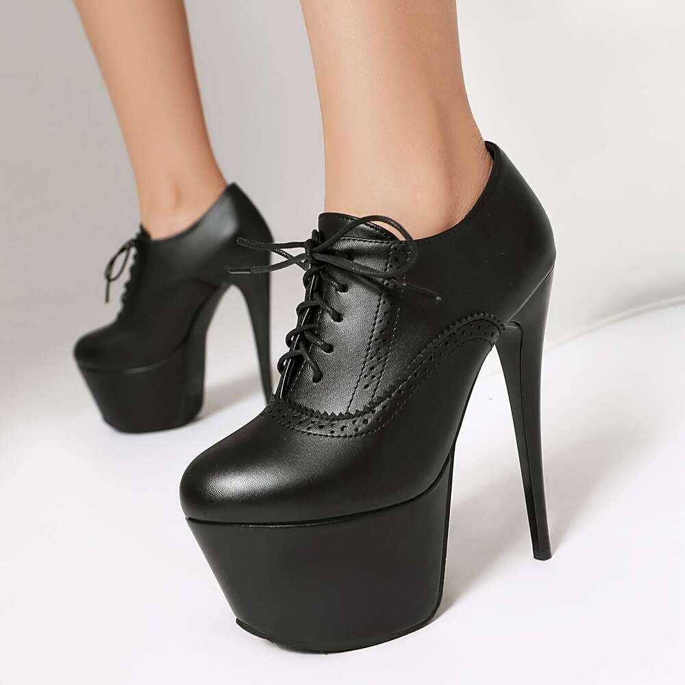 Women's Sexy Black Faux Cover Stiletto Heels - High Platform Lace-Up Pumps With Rubber Sole, Round Toe Design For All Seasons