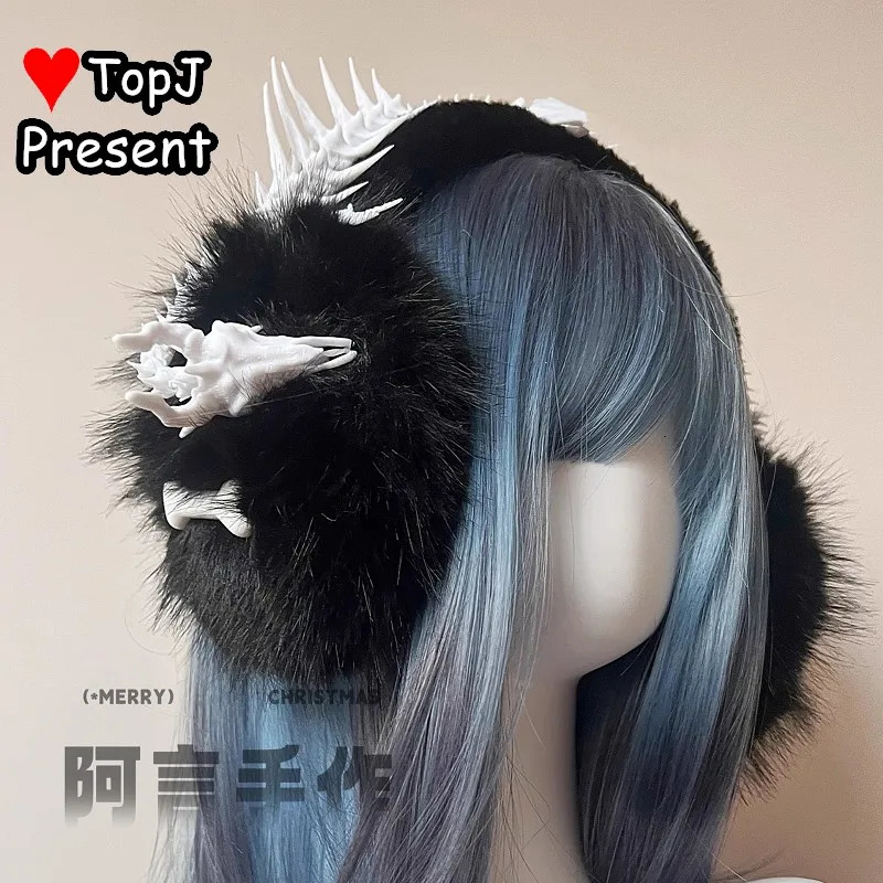 Punk Dark Women Y2K girl Harajuku Gothic Lolita cosplay skeleton cross ear warmer Furry Colored headband Earmuff Earmuffs 251024