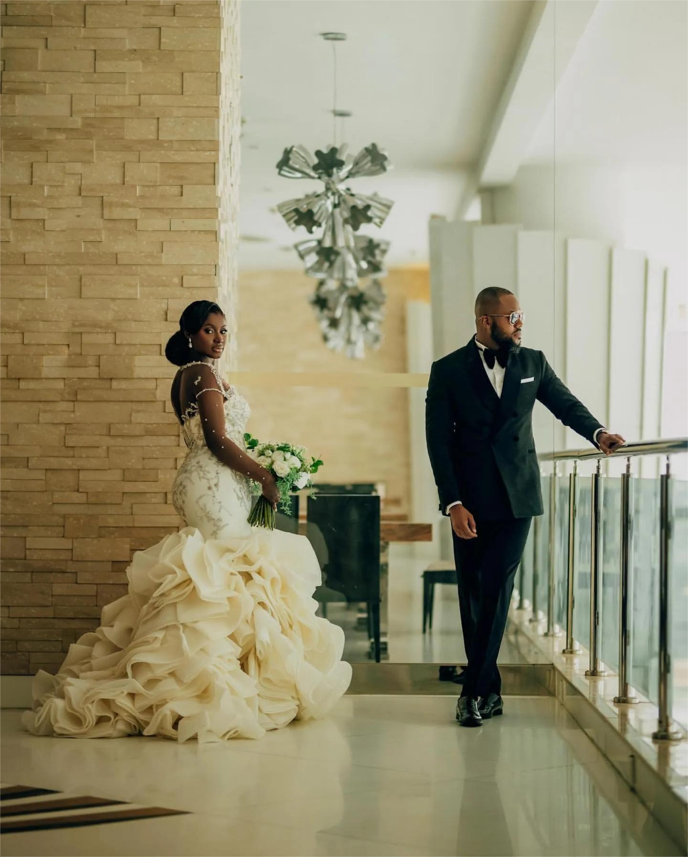 Aso Ebi Mermaid Wedding Dress in Ivory with Beaded Crystals Satin Tiers Luxurious and Sheer Neck