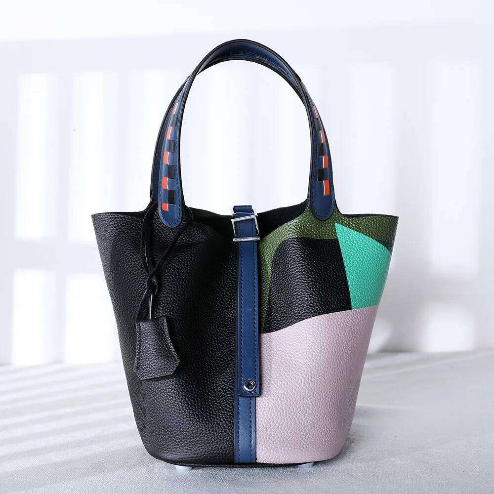 and Handbags for Women, Painted Vegetable Basket, Handbag with Adjustable Shoulder Strap, Genuine Leather Bucket Bag