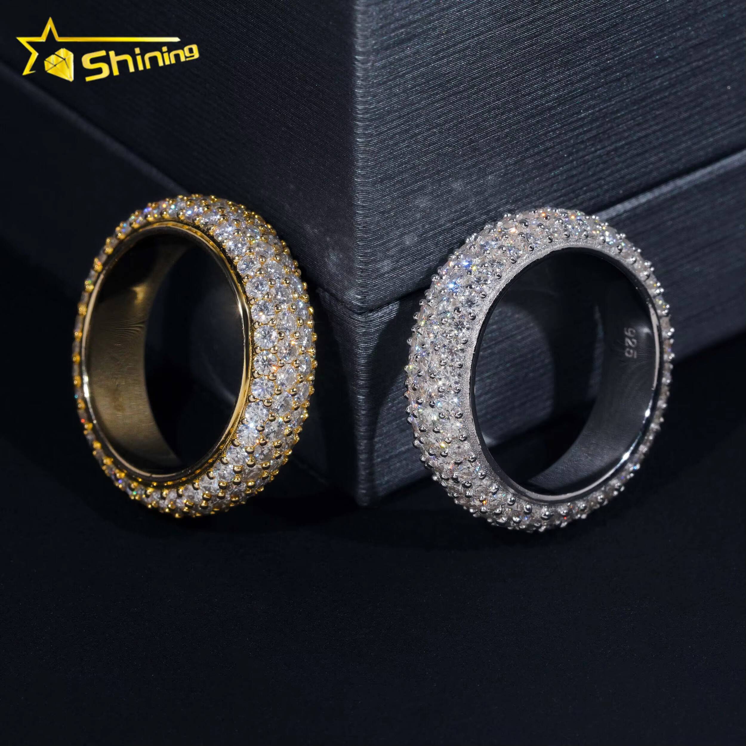 Fine Jewelry Stock GRA Certified Solid 925 Sterling Silver Gold Plated Iced Out Diamond Moissanite Fully Iced 4 Rows Band Ring