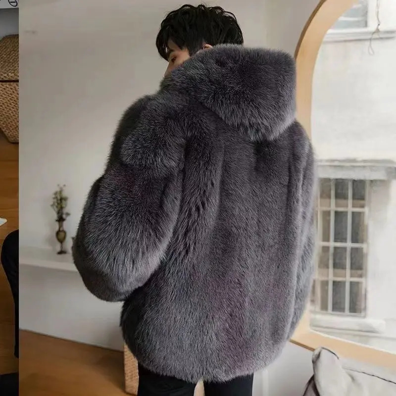Autumn Winter Men Fox Fur Hooded Coat Fashion Light Warm Coat Thickened Comfortable Fur Coat Men Brown Fur 251027