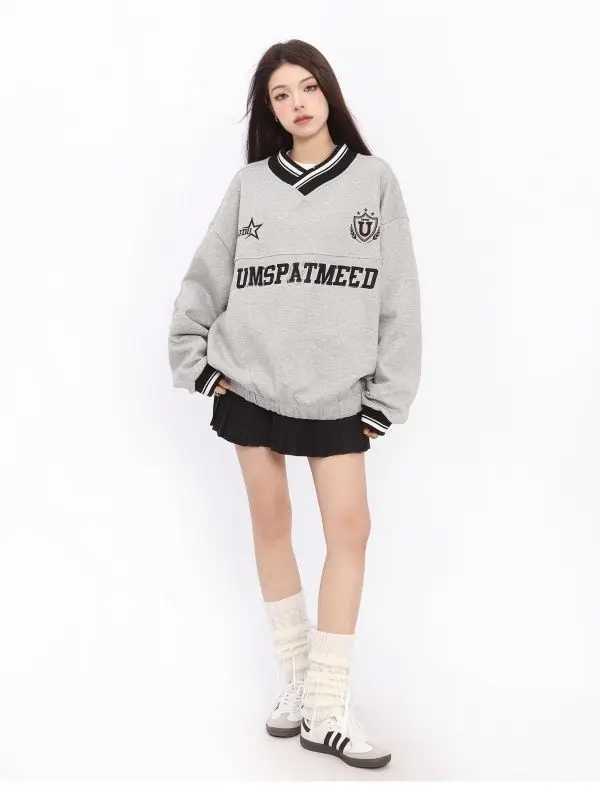 American Retro Letter Embroidery Shirt Unisex Hip Hop Vneck Sweatshirt for Men Women Autumn Winter Design Oversize Couple Tops J251028