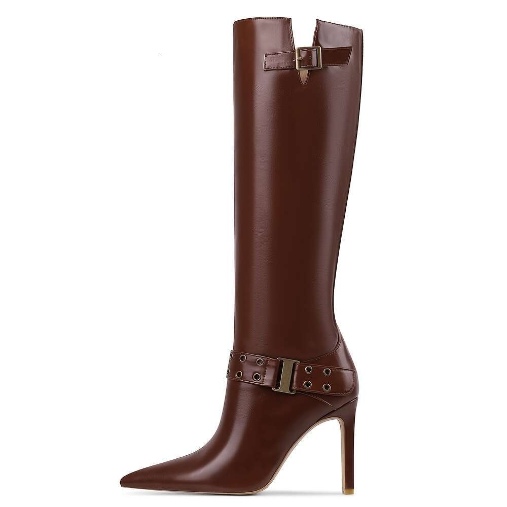 Women's Pointed Toe Knee Fashion Punk Buckle Stiletto Thin High Heels Long Boots Woman Side Zipper Party Dress Office Sexy Shoes Lady