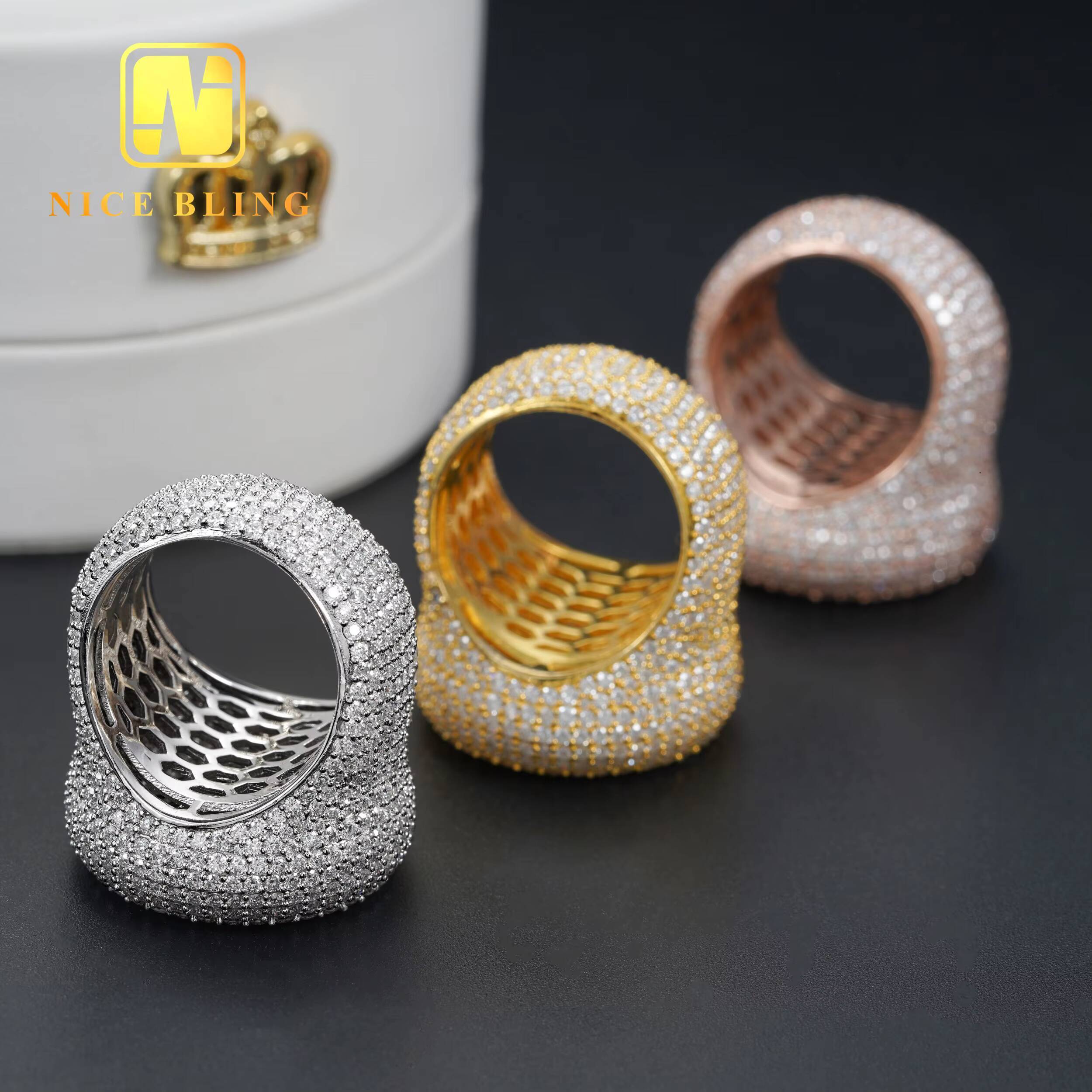 Stock Pass Diamond Tester Hip Hop Jewelry 925 Silver Fully Iced Bubble Edge Round Diamond Moissanite Men Ring