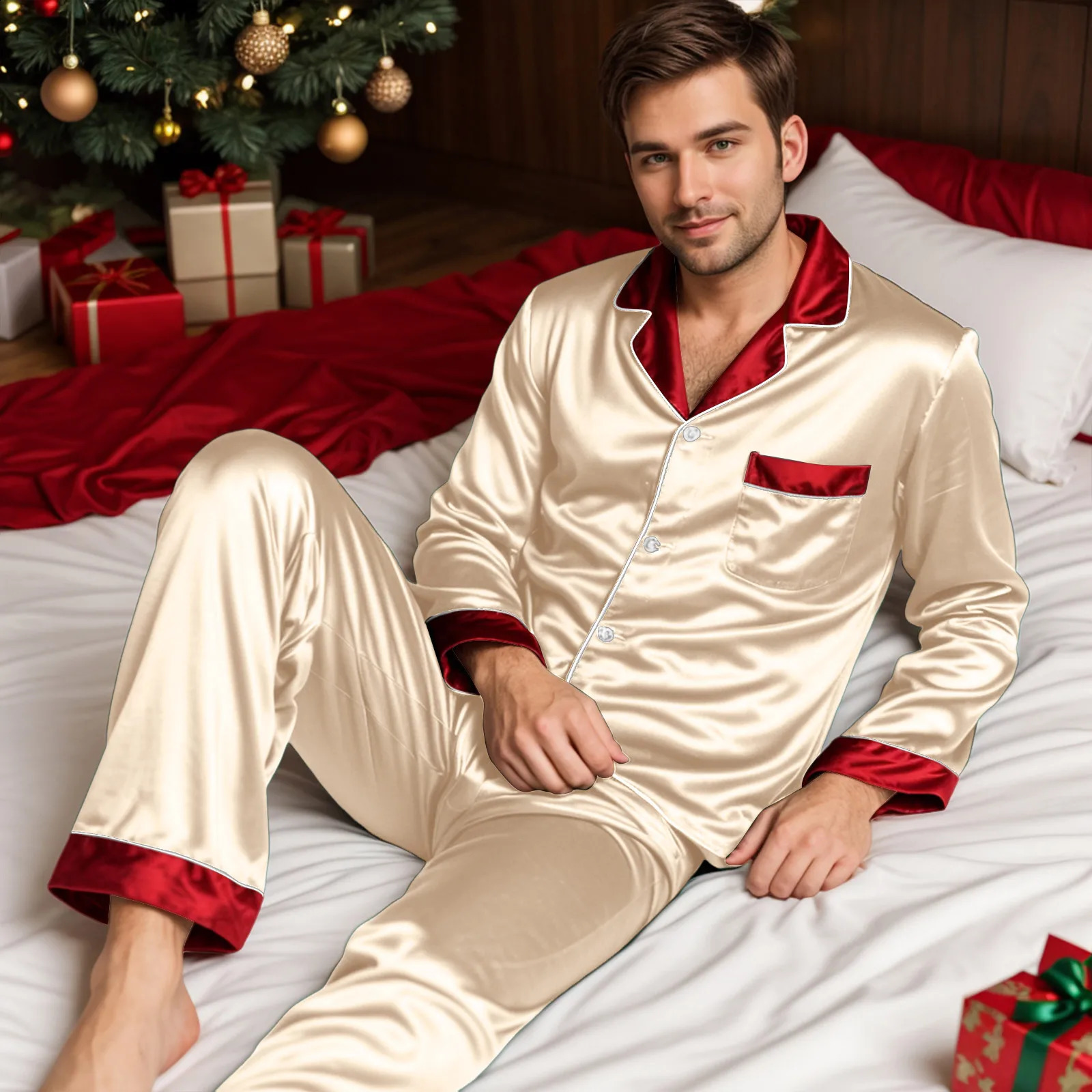 Christmas Family Outfits For Dad And Mom Satin Pajama 2 Piece Sets Long Sleeve Blouse Shirt With Pant Matching Sets Adult Xmas 251027