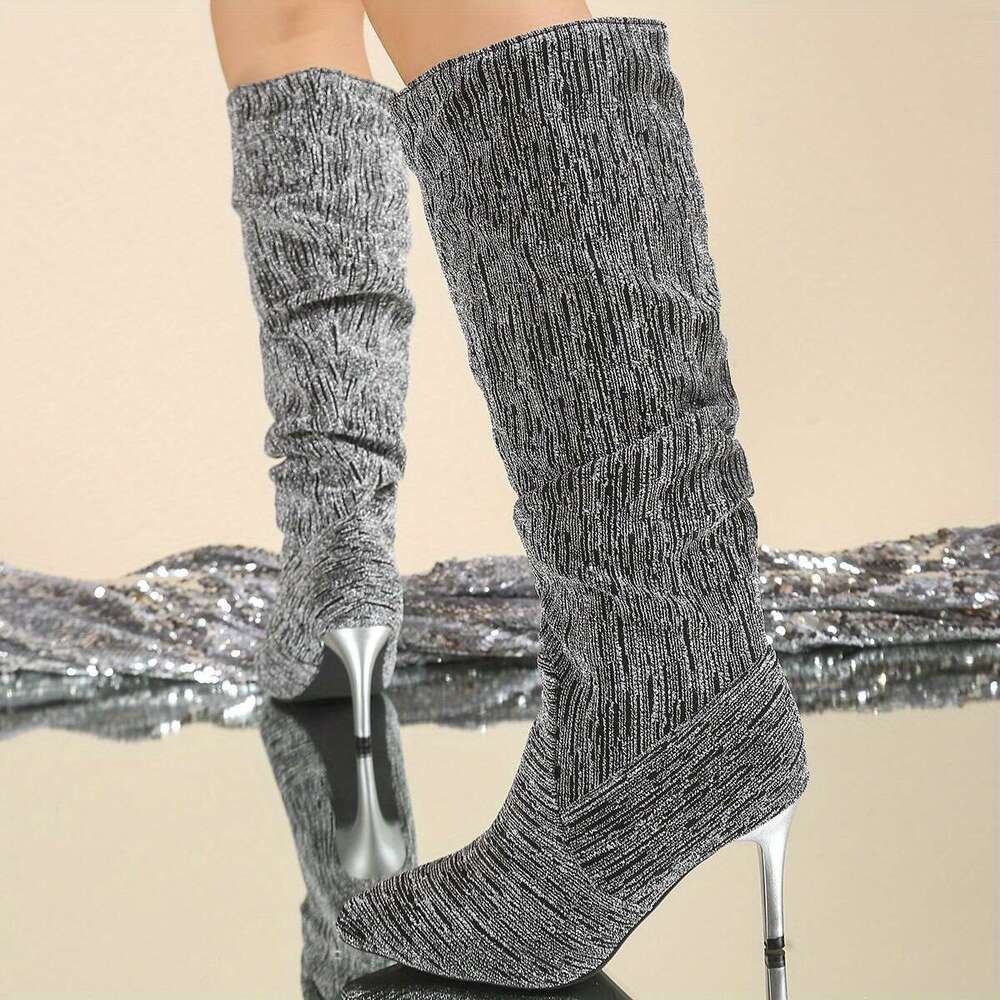 Women's Slip-On Pointed Toe Knee-High Boots - Faux Cover Upper, Soft Fabric Lining Rubber Sole, Black Solid Color For Casual & Ocns, High Heel Bo