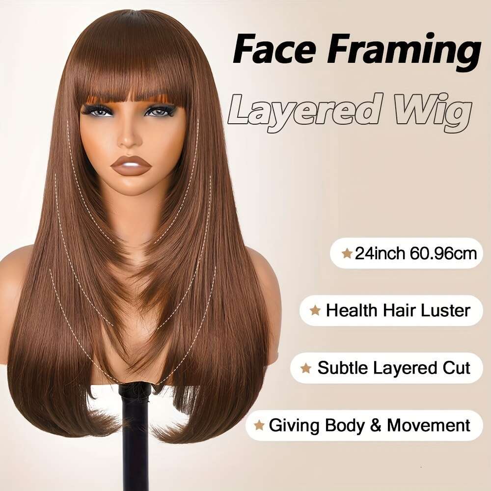 Chic Layered Straight Wig With Bangs - Brown Synthetic Hairpiece Women, Glueless Pixie Cut, Density Rose Net Cap, Perfect For Daily Use & High-Tempera