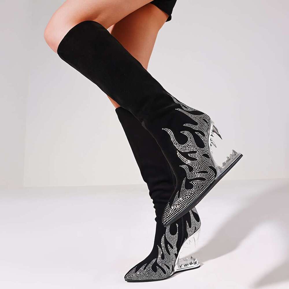 Pointed Rhinestone Wolf Teeth Heel Women's Large Long High Barrel Fashion Boots