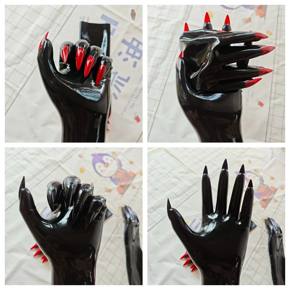 1 pair of 04mm black Malaysian latex kigurumi five finger sexy fit Zentai party outfit latex long gloves with sharp long nails 251027