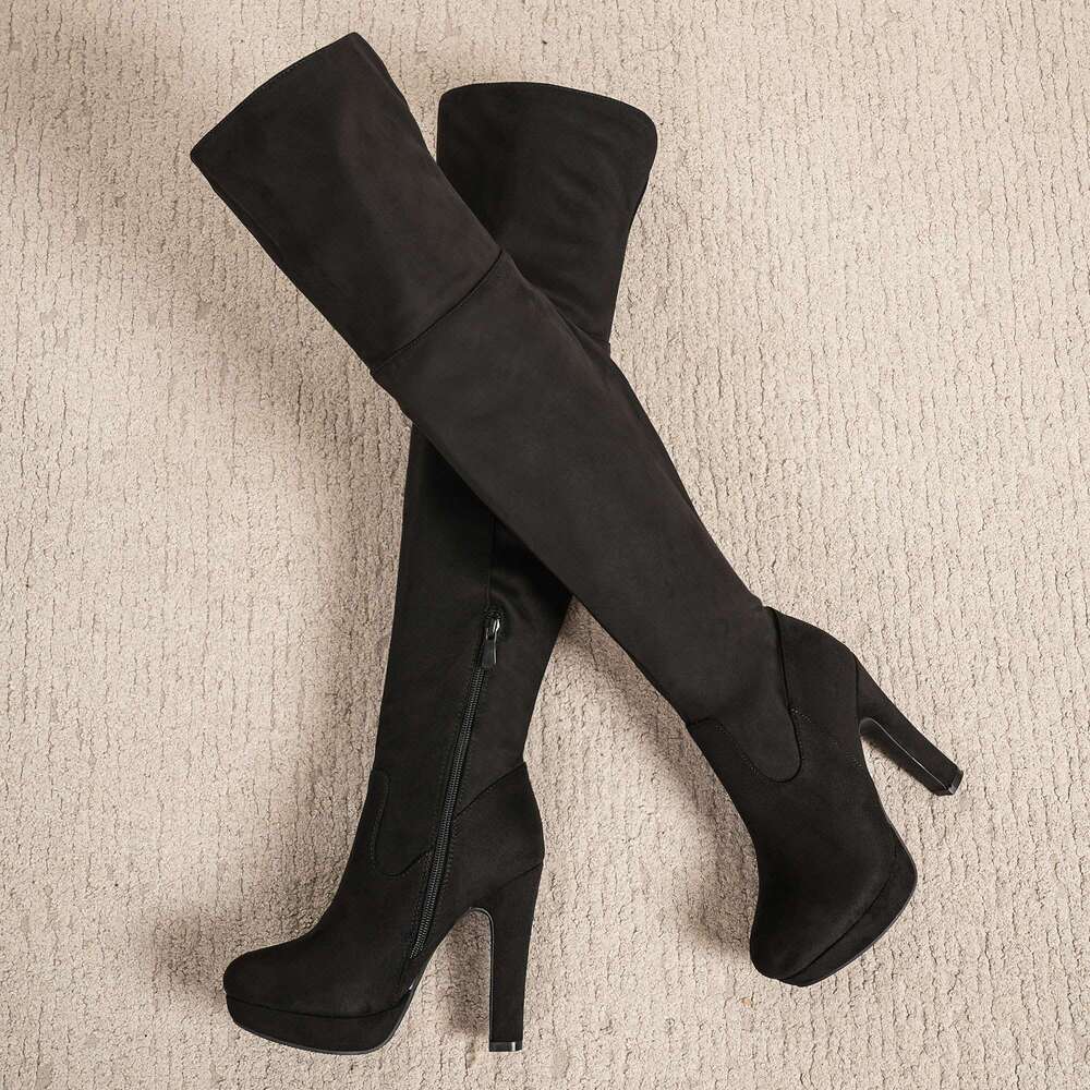 DREAM PAIRS Women's Black Chunky Thigh Over The Knee High Heel Boots