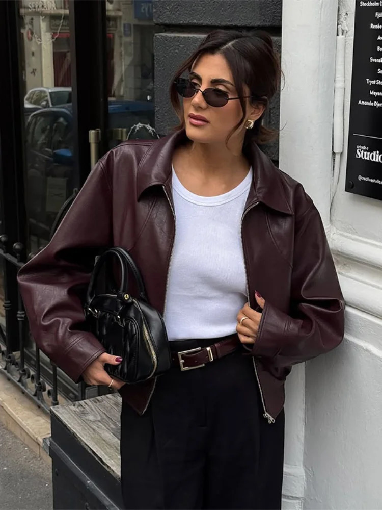 Full Sleeve Cropped Wine Red Leather Jacket Women Casual Slim Thin Pu Motorcycle Coat Zipper Lapel Lady Highstreet Outwear 251029