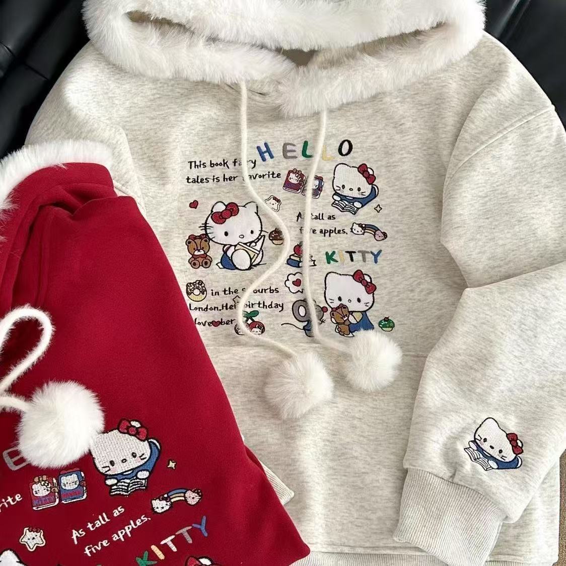 Sanrio KT Cat Embroidery Pure Cotton Girls' and Tweens' Thickened and Fleece-Lined Warm Hooded Sweatshirt Coat L251028