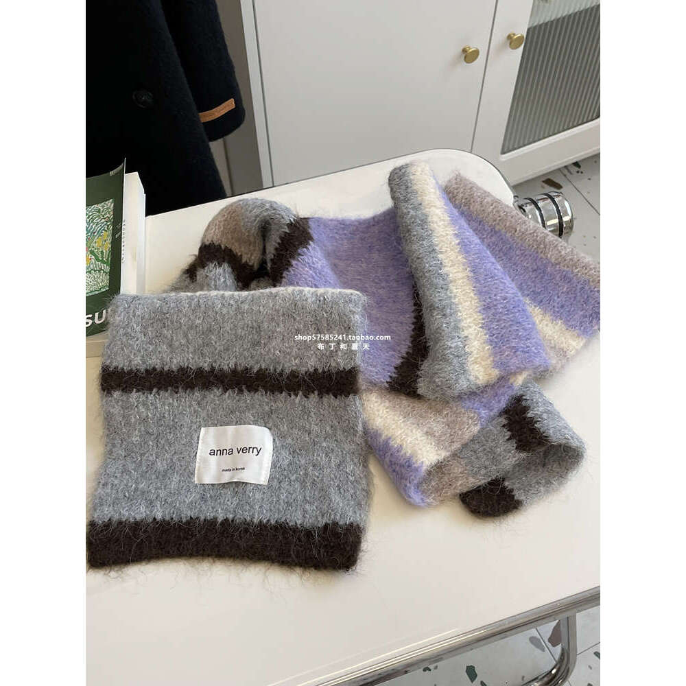 Mohair Scarf Peach Pink Striped Color Block Thickened Warm Autumn Winter Korean New Style Student Unisex