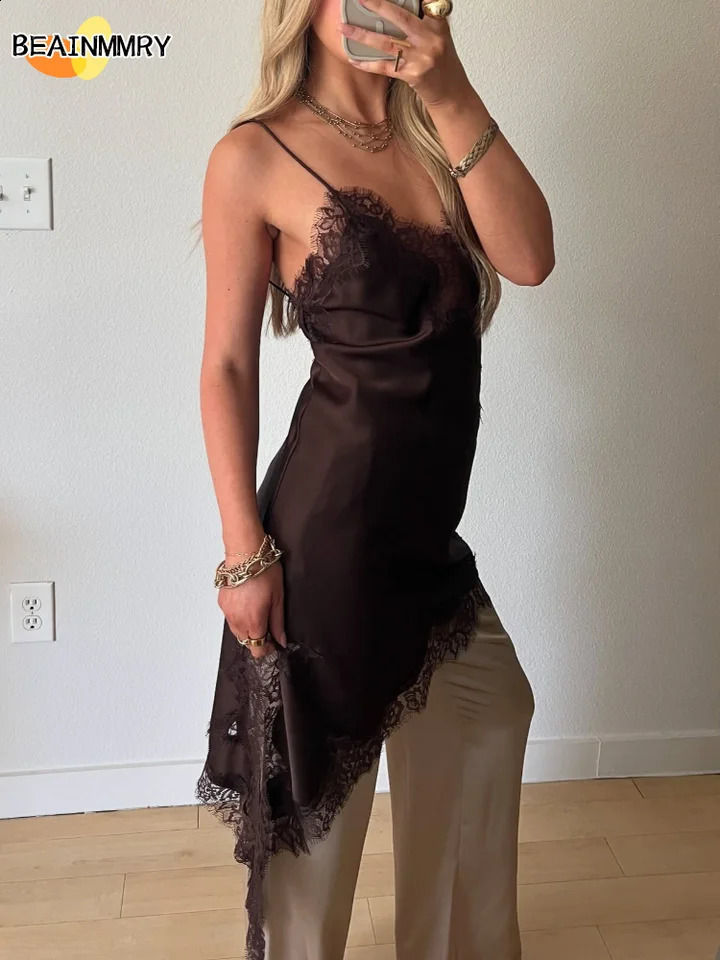Brown Satin Lace Splicing Sling Dress Women Elegant Irregular Hem V Neck Backless Sleeveless Gown Chic Women Party Club Vestidos 251027