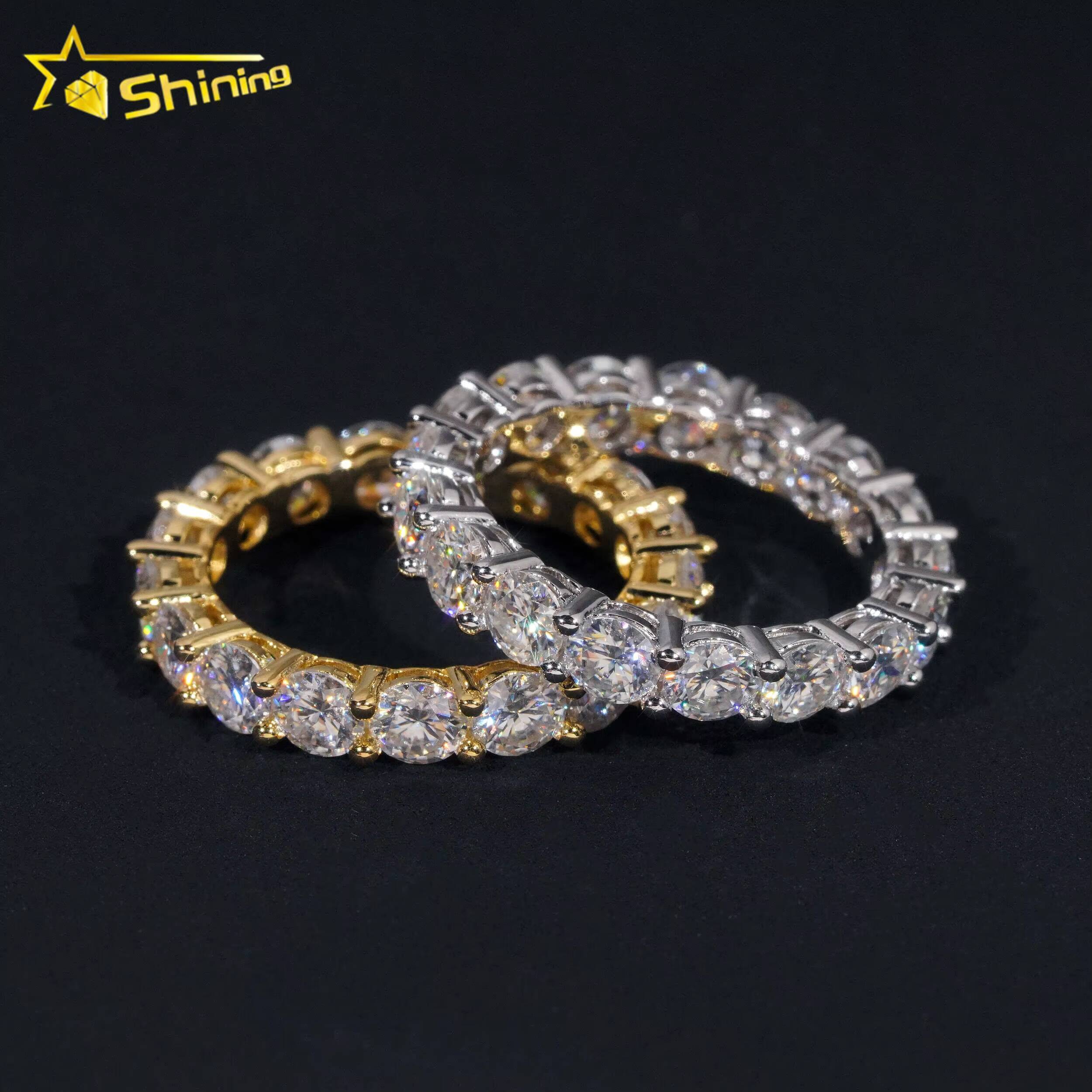 Stocks Solid 925 Sterling Silver Gold Plated Hip Hop Jewelry Luxury Fully Iced 4mm Diamond Moissanite Band Ring Eternity Rings
