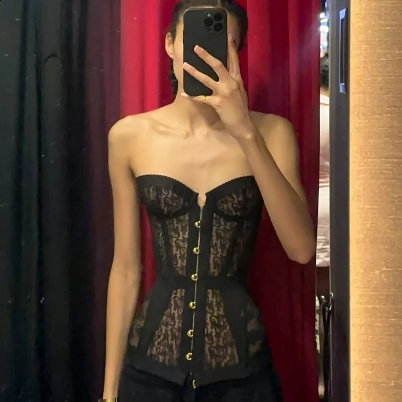 Lace Strapless Corset Bandage Sexy Hollow Out Off Shoulder Slim Vest Chic Backless Sleeveless High Street Tops Party Wear 251027