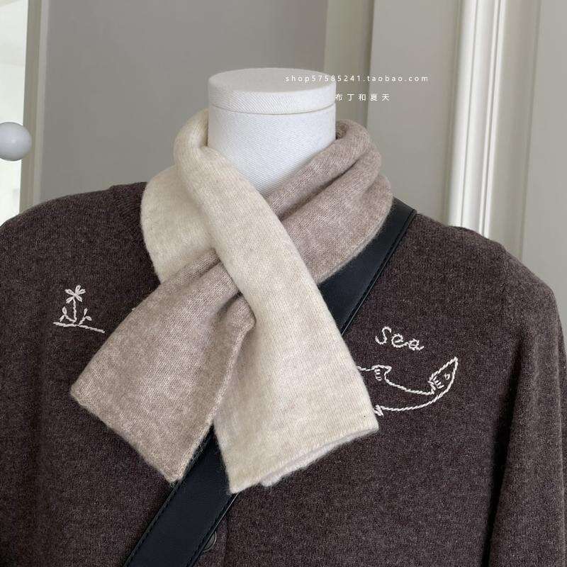 Wool Blend Small Cross Color Short Scarf Cashmere Feel Warm Student Women Autumn Winter Neck Warmer