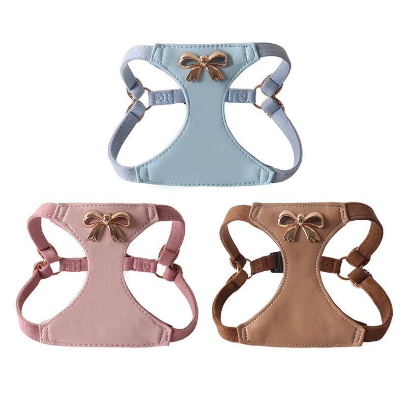 Luxury Suede Pet Harness Leash Set with Metal Bowknot, Adjustable & Durable, Stylish Walking Gear, Comfortable Pet Vest Harness with Leash, Suitable f