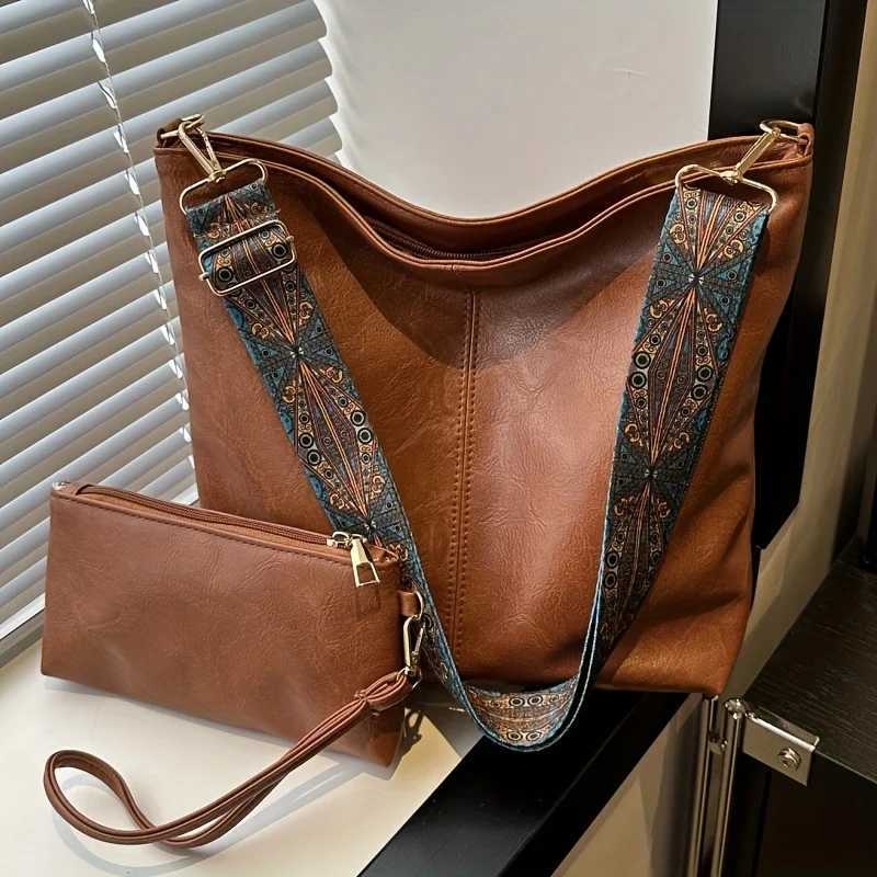 Retro PU Material Womens Bucket Tote Bag Set Adjustable Wide Strap for Daily Need with Fashion Zipper Closure Polyester LiningT251028