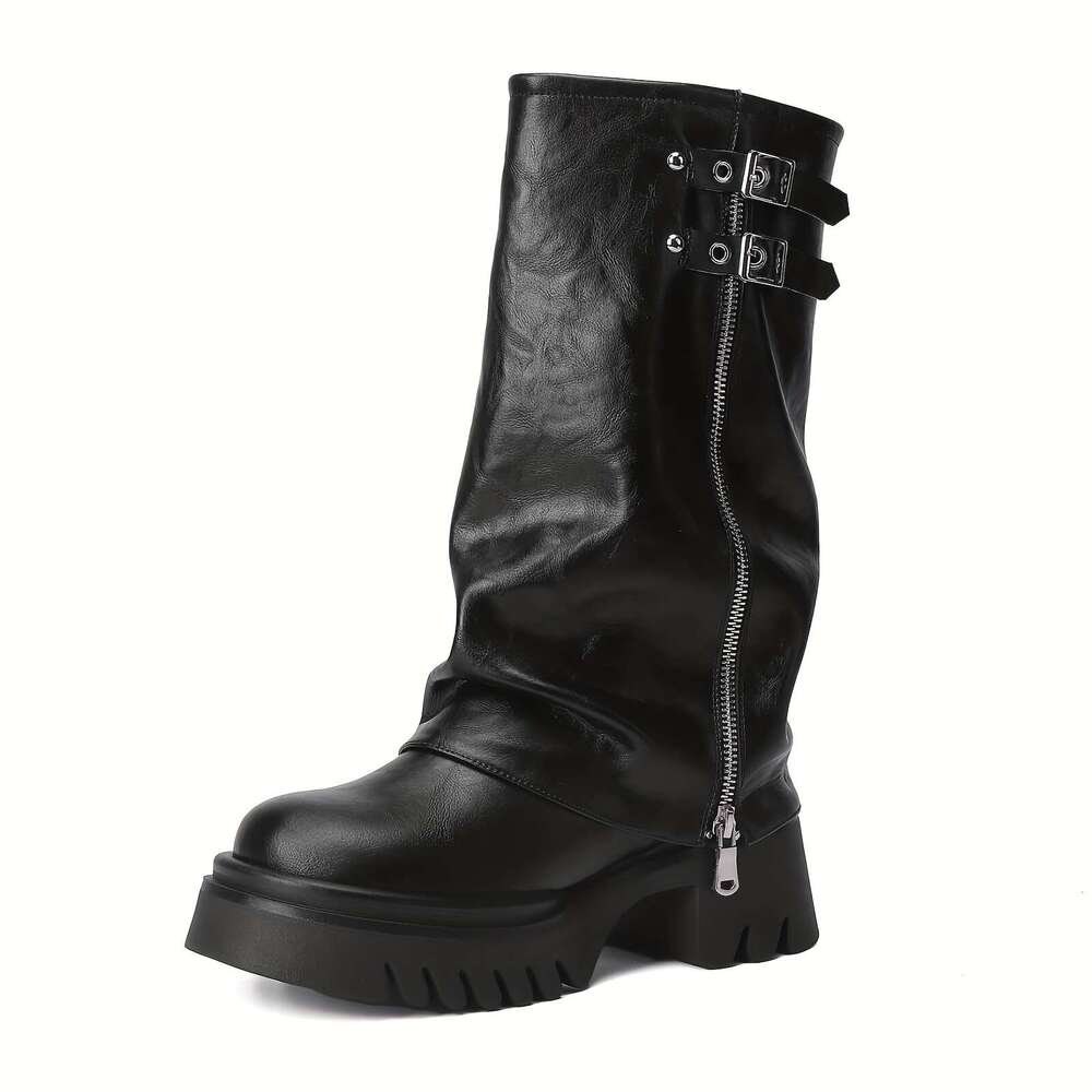 Women's Round Toe Mid Knee High Platform Slouch Fold Over Tall Riding Low Heel Wide Calf Boots