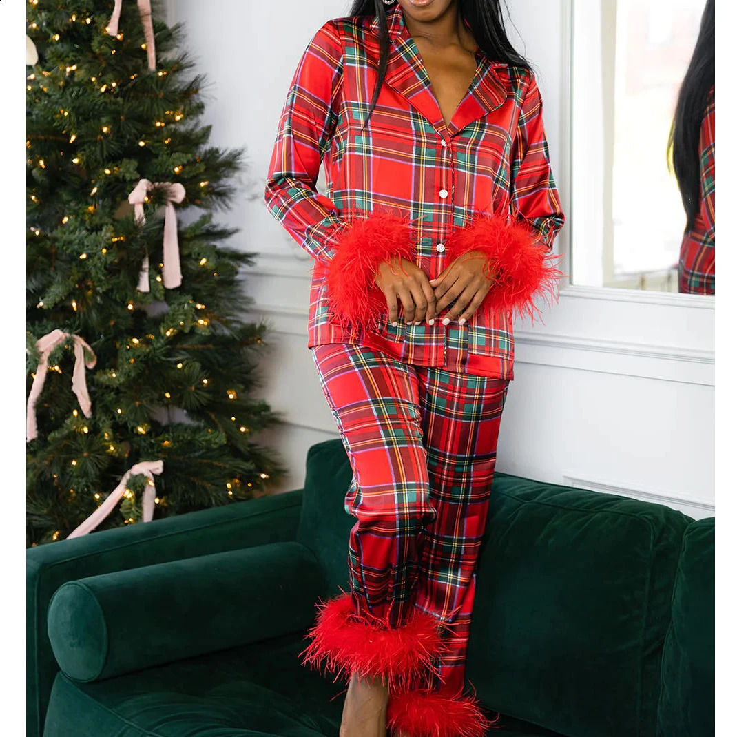 Women Year Pajamas Set Christmas Party Loungewear Long Sleeve Feather Shirt Pants Sleepwear Santa Claus Night Wears Pyjamas 251020