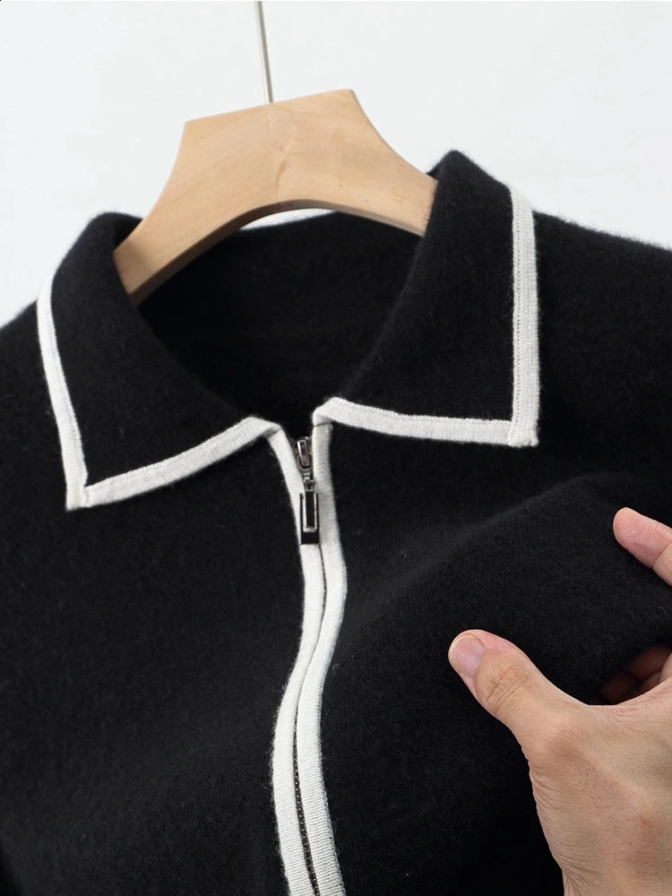 Mens Sweater Polo Collar Coat 100 Merino Wool Cardigan Clothing Autumn Winter Korean Knit Thick Zip Open Stitch Jacket 251017