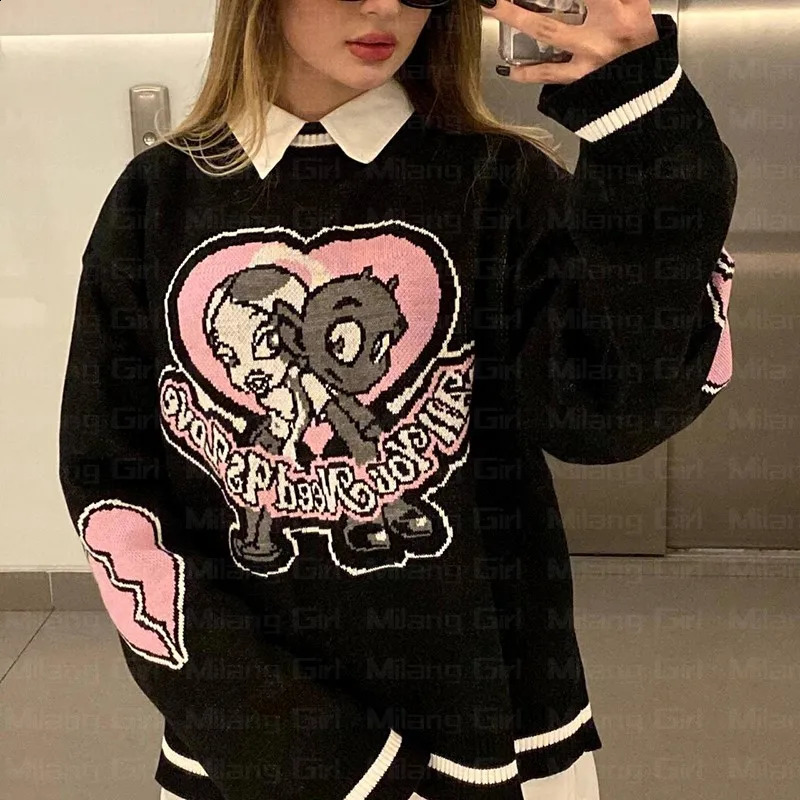 Oversize Sweater Women Y2k letter graphics Tops Long Sleeve Jumper Knitted Autumn Korean Goth Grunge Harajuku Pullover Clothing 251027