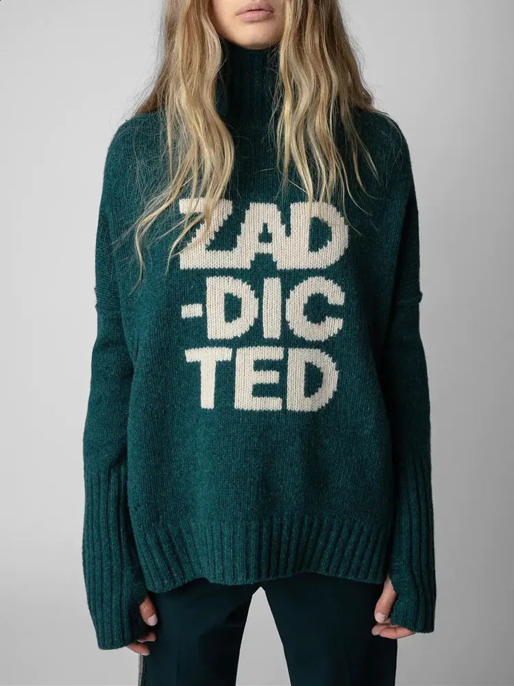 100 Wool Women Turtleneck Sweater Letter Print Long Sleeve Loose Cuffs Slit Female Casual Jumper Autumn Winter 251027