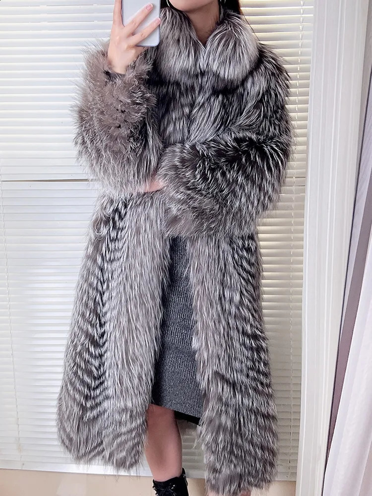 Womens Genuine Sivler Fox Fur Coat Thick Warm Fur Jacket Winter coat 251027