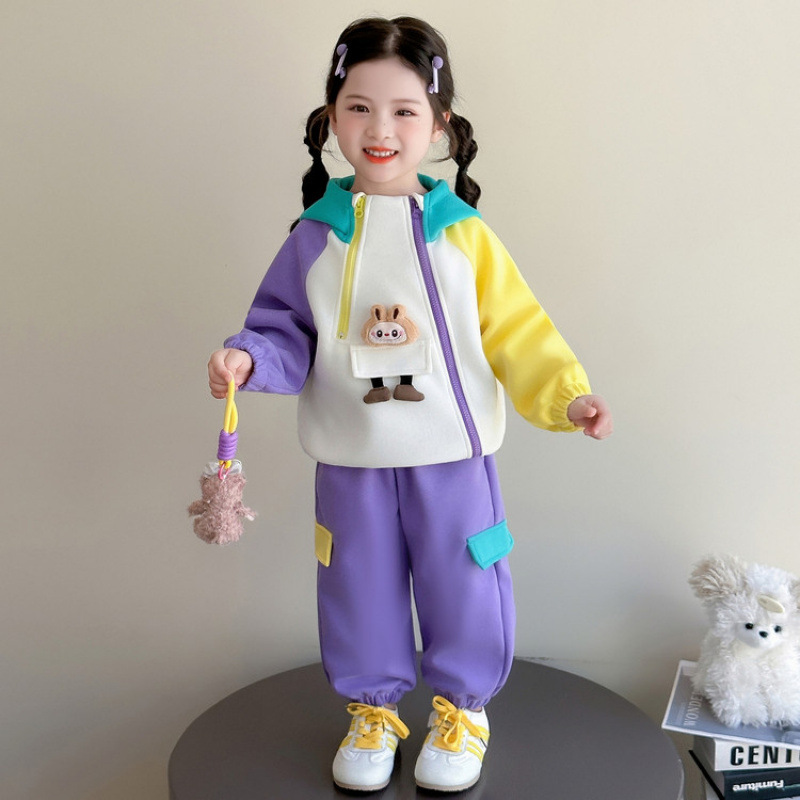 2025 New Style Girls Cartoon Color Block Sporty Tracksuit Autumn Trendy Toddler Kid Sweatshirt Two-Piece Set