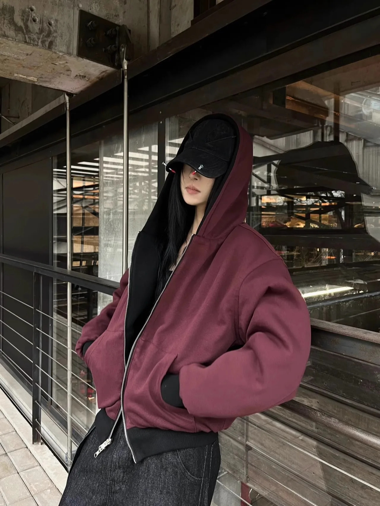 Burgundy Double Sided Composite Cotton Hoodie Autumn Men and Women Zipper Harajuku Casual Loose Sweatshirt 251027