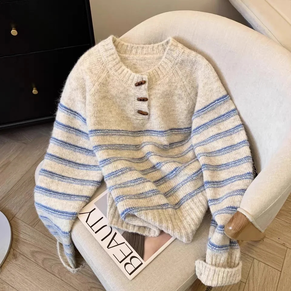Knitted Button Pullover Oneck Womens Sweater Retro Stripe Jumper 2025 Fashion Casual Winter Knitwear 251027