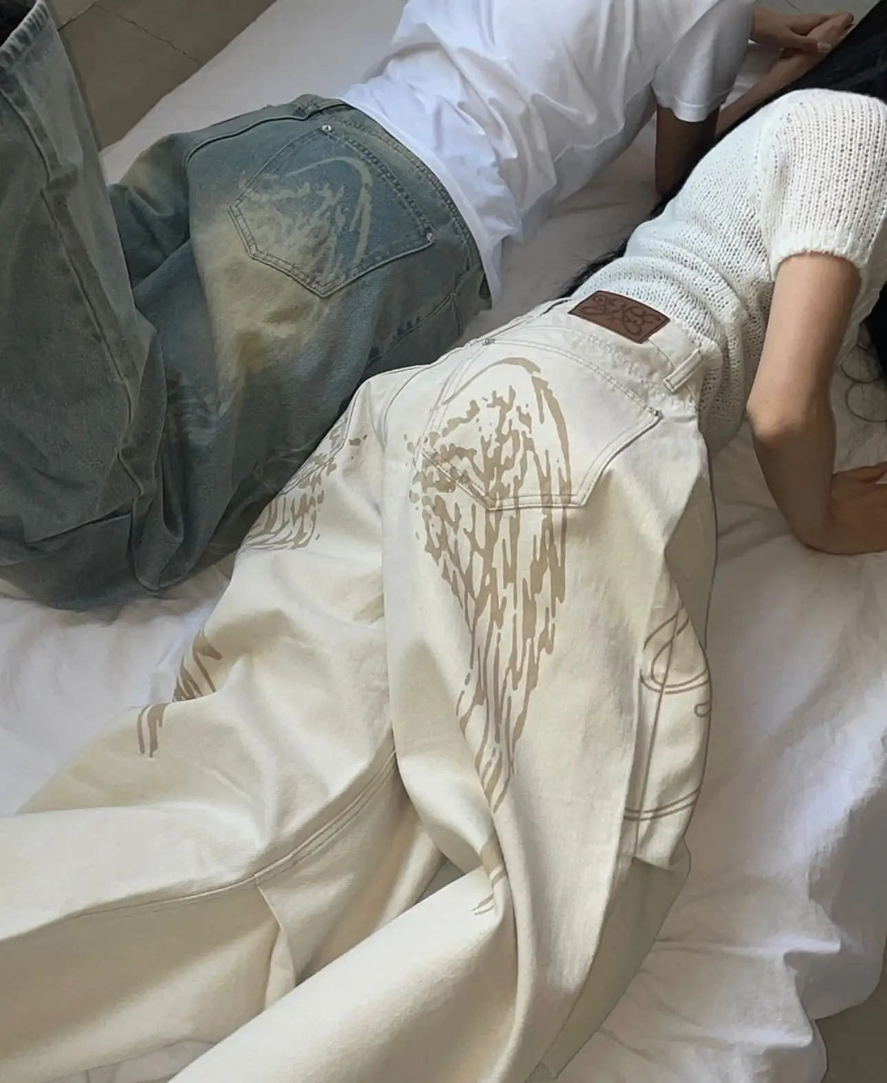 Light Colour Trend Dressing Up Korean Style Simple Baggy Angel Printed Jeans 2025 Spring Necessary Solid Retro Straight Pants 251027