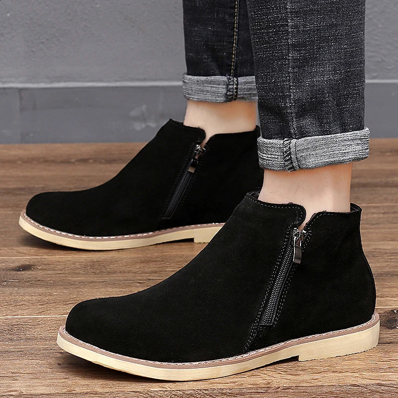 Vintage Basic Sand Color Men Suede Chelsea Boots Natural Leather Zip Pointed Toe Formal Ankle Boots Men Wood Zapatillas Hombre 251023