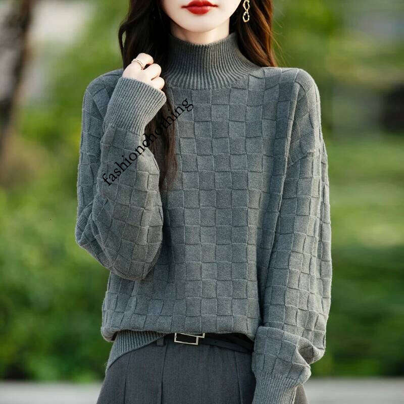 Autumn and Winter New Women's 100% Cotton Sweater Half High Collar Pullover Shirt Square Pattern Loose Fashion Knitted Top