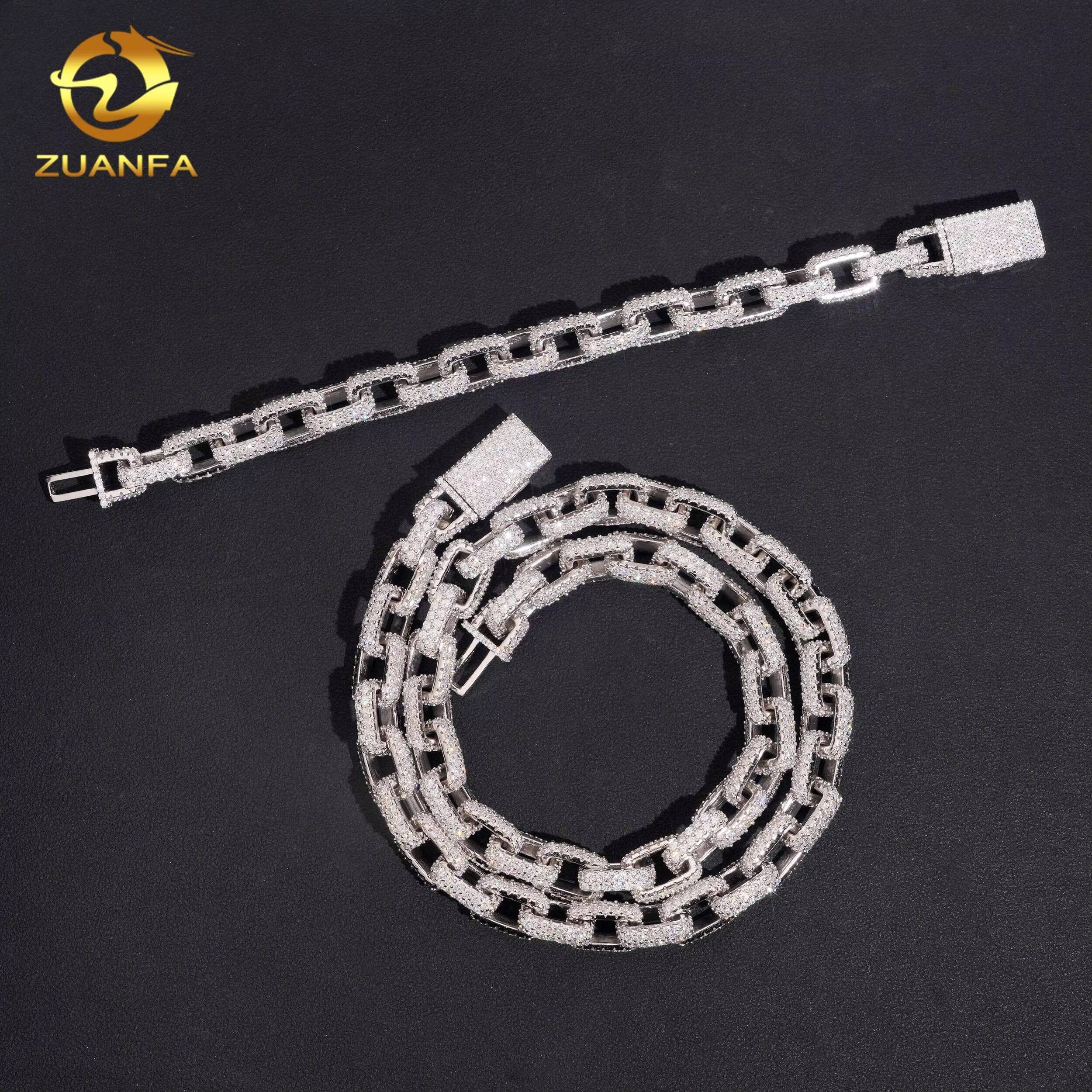 10mm Moissanite Hip Hop Jewelry Moissanite Diamond Cuban Link Chain 925 Silver Iced Out Cuban Chain Square