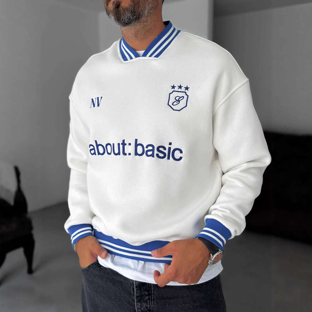 Simple Autumn Casual Style V-Neck Pullover Top with 3D Letter Embroidery and Striped Pattern