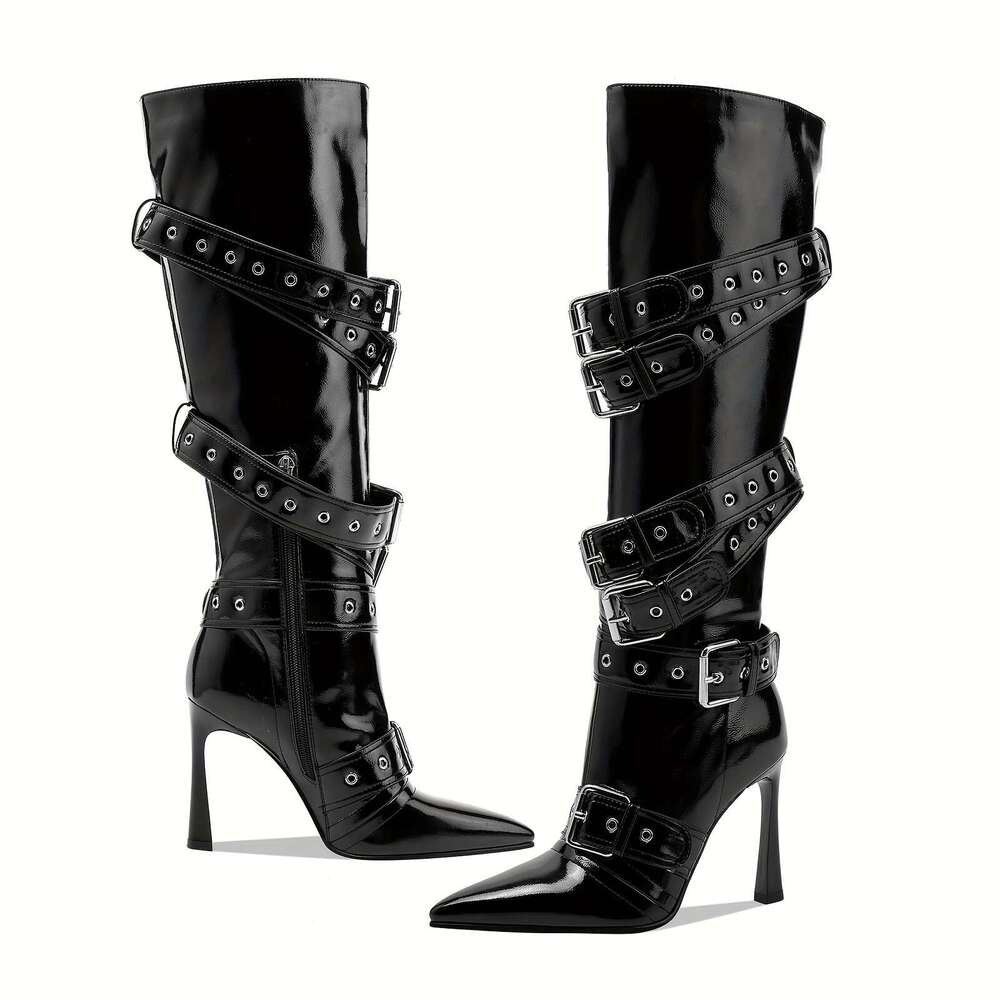 Elegant Women' Black Kitten Heel Knee-High Boot - Sexy Pointed Toe With Buckle Rivet, Fahionable Cover, Side Zipper, Perfect For Fall & Winter Ou