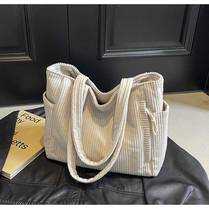 Casual Corduroy Handbag with Zipper Closure Light and Large Capacity Fixed Shoulder Strap Solid Color Daily Commuter HandbagW251028