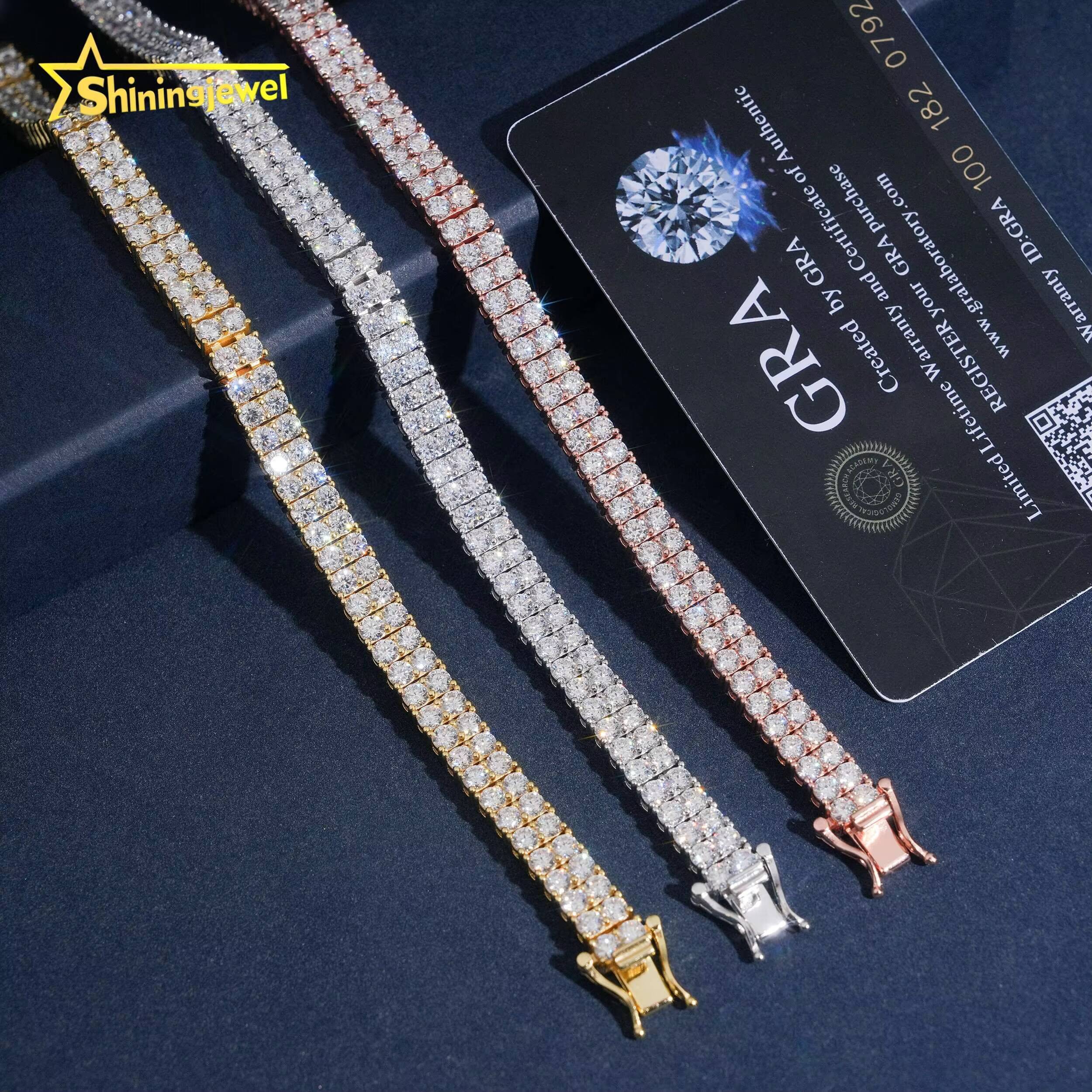 Luxury 2Rows 3mm 925 Silver Fine Hip Hop Moissanite Jewelry Bracelet Iced Out VVS Moissanite Diamond Tennis Chain Bracelet